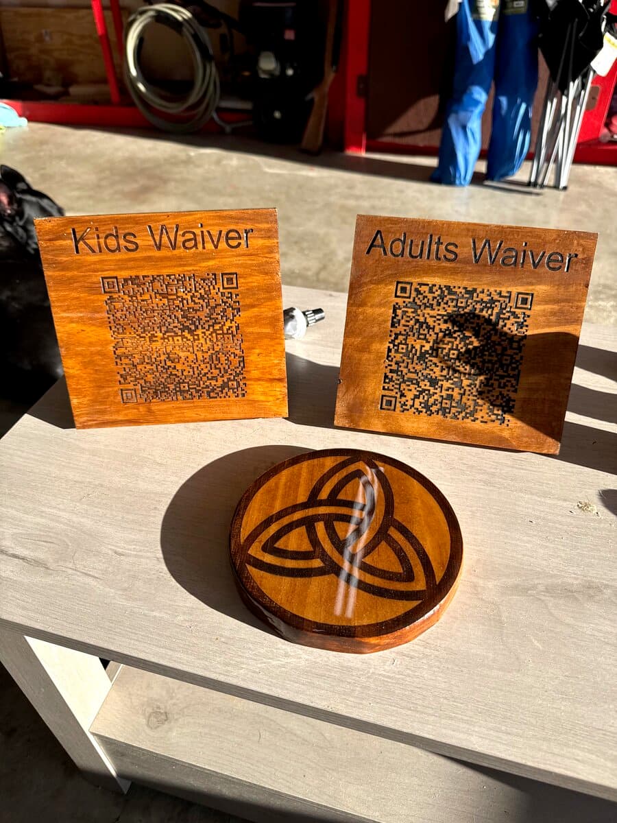 Custom QR code waiver signs and Celtic knot coaster